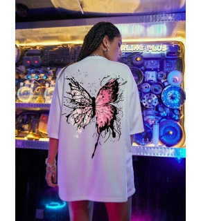 Kadın Tişört Kelebek Baskılı Oversize Kısa Kol T-Shirt - Beyaz