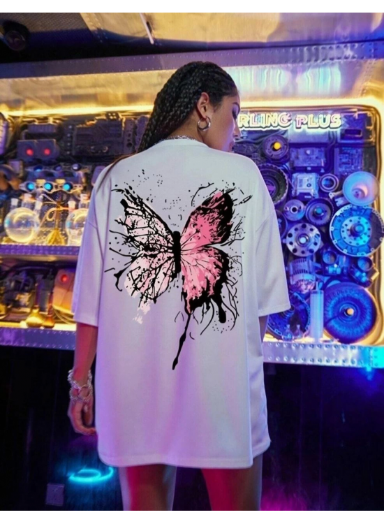 Kadın Kısa Kol Yazlık Tişört Bisiklet Yaka Kelebek Baskılı T-Shirt - Beyaz Kadın Kısa Kol Yazlık Tişört Bisiklet Yaka Kelebek Baskılı T-Shirt - Beyaz
