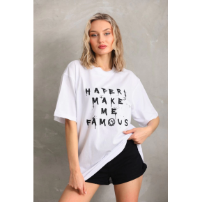 Kadın ön ve arka Baskılı Oversize Kısa kol  T-Shirt - Beyaz