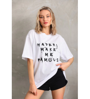 Kadın ön ve arka Baskılı Oversize Kısa kol  T-Shirt - Beyaz