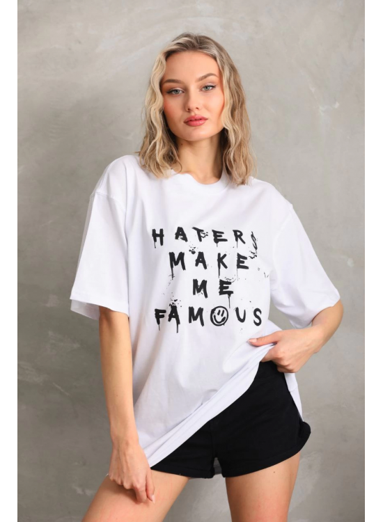 Kadın ön ve arka Baskılı Oversize Kısa kol T-Shirt - Beyaz Kadın ön ve arka Baskılı Oversize Kısa kol T-Shirt - Beyaz