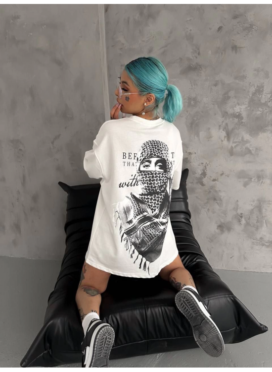 Kadın Kısa Kol Tişört Bisiklet Yaka Filistin Poşülü Baskılı T-Shirt - Beyaz Kadın Kısa Kol Tişört Bisiklet Yaka Filistin Poşülü Baskılı T-Shirt - Beyaz