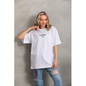 Kadın Kısa Kol Yazlık Tişört Bisiklet Yaka Baskılı Oversize T-Shirt - Beyaz