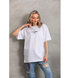 Kadın Kısa Kol Yazlık Tişört Bisiklet Yaka Baskılı Oversize T-Shirt - Beyaz