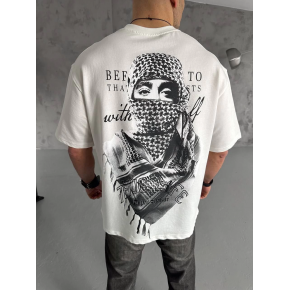Erkek Kısa Kol Tişört Bisiklet Yaka Filistin Poşulu Baskılı T-Shirt - Beyaz