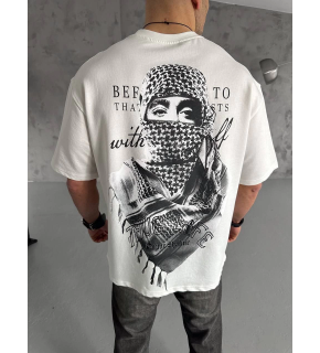 Erkek Kısa Kol Tişört Bisiklet Yaka Filistin Poşulu Baskılı T-Shirt - Beyaz
