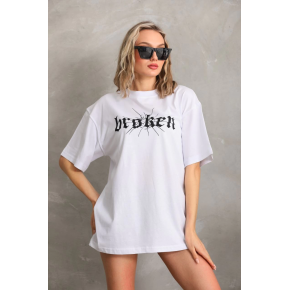 Kadın Kısa Kol Yazlık Tişört Bisiklet Yaka Baskılı Oversize T-Shirt - Beyaz