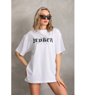 Kadın Kısa Kol Yazlık Tişört Bisiklet Yaka Baskılı Oversize T-Shirt - Beyaz