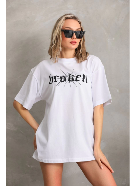 Kadın Kısa Kol Yazlık Tişört Bisiklet Yaka Baskılı Oversize T-Shirt - Beyaz Kadın Kısa Kol Yazlık Tişört Bisiklet Yaka Baskılı Oversize T-Shirt - Beyaz