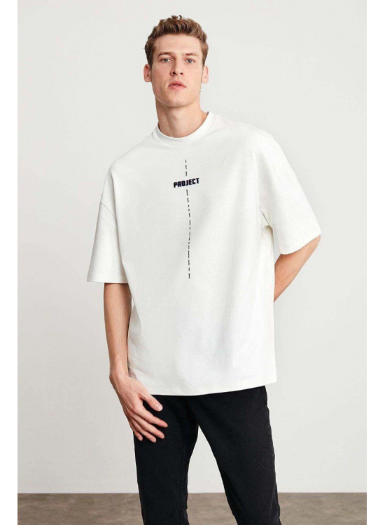 Erkek Baskılı T-Shirt Kısa Kol Bisiklet Yaka Regular Fit Rahat Kalıp Tişört - Beyaz