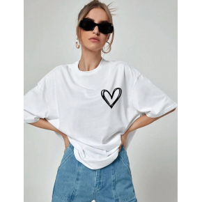 Kadın Tişort Kalp Baskılı Bisiklet yaka Kısa kol T-Shirt - Beyaz