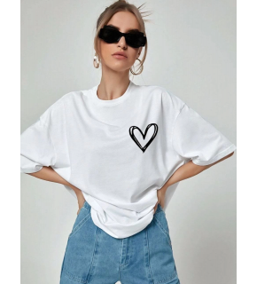 Kadın Tişort Kalp Baskılı Bisiklet yaka Kısa kol T-Shirt - Beyaz