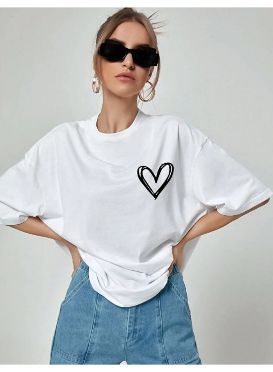 Kadın Tişort Kalp Baskılı Bisiklet yaka Kısa kol T-Shirt - Beyaz Kadın Tişort Kalp Baskılı Bisiklet yaka Kısa kol T-Shirt - Beyaz