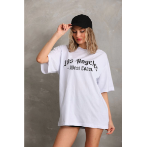 Kadın Baskılı Tişört Kısa Kol Bisiklet Yaka Oversize T-Shirt - Beyaz