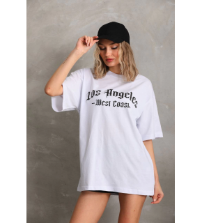 Kadın Baskılı Tişört Kısa Kol Bisiklet Yaka Oversize T-Shirt - Beyaz