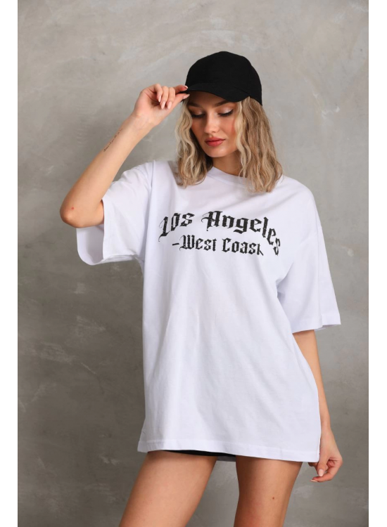 Kadın Baskılı Tişört Kısa Kol Bisiklet Yaka Oversize T-Shirt - Beyaz Kadın Baskılı Tişört Kısa Kol Bisiklet Yaka Oversize T-Shirt - Beyaz