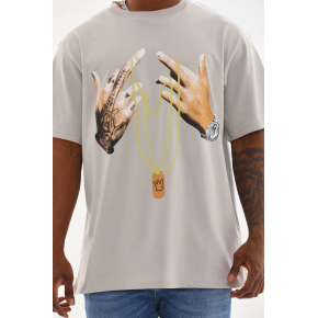 Erkek Baskılı T-Shirt Kısa Kol Bisiklet Yaka Rahat Kalıp Tişört - Gri