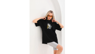 Kadın Baskılı T-Shirt Kısa Kol Bisiklet Yaka Oversize Rahat Kalıp Günlük Tişört - Siyah Kadın Baskılı T-Shirt Kısa Kol Bisiklet Yaka Oversize Rahat Kalıp Günlük Tişört - Siyah