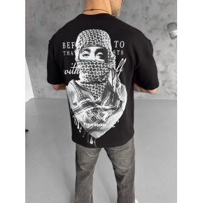 Erkek Kısa Kol Tişört Bisiklet Yaka Filistin Poşulu Baskılı T-Shirt - Siyah