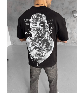 Erkek Kısa Kol Tişört Bisiklet Yaka Filistin Poşulu Baskılı T-Shirt - Siyah