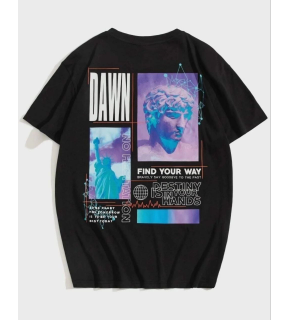 Kadın Baskılı T-Shirt Kısa Kol Bisiklet Yaka Oversize Rahat Kalıp Tişört - Siyah