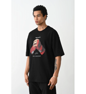 Erkek Boxy Eldiven Baskılı T-Shirt Kısa Kol Bisiklet Yaka Tişört - Siyah