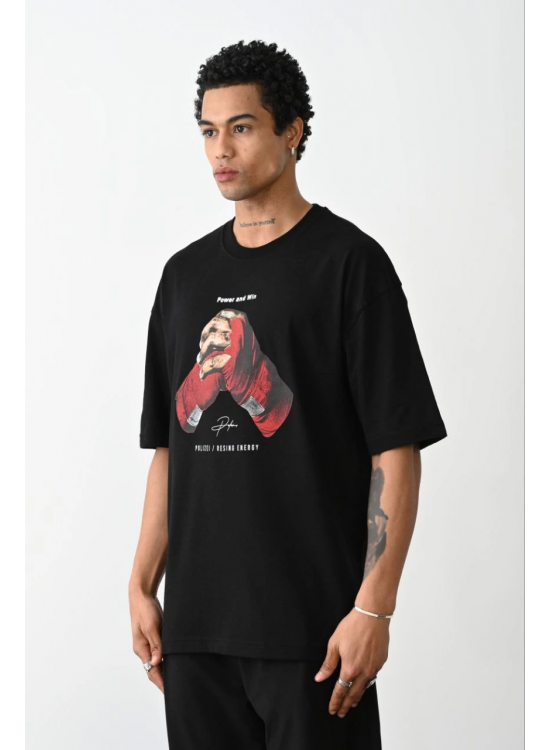 Erkek Boxy Eldiven Baskılı T-Shirt Kısa Kol Bisiklet Yaka Tişört - Siyah Erkek Boxy Eldiven Baskılı T-Shirt Kısa Kol Bisiklet Yaka Tişört - Siyah