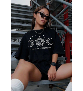 Kadın Baskılı T-Shirt Kısa Kol Bisiklet Yaka Oversize Rahat Kalıp Tişört - Siyah