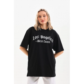Kadın Baskılı Tişört Kısa Kol Bisiklet Yaka Oversize T-Shirt - Siyah