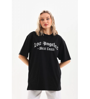 Kadın Baskılı Tişört Kısa Kol Bisiklet Yaka Oversize T-Shirt - Siyah