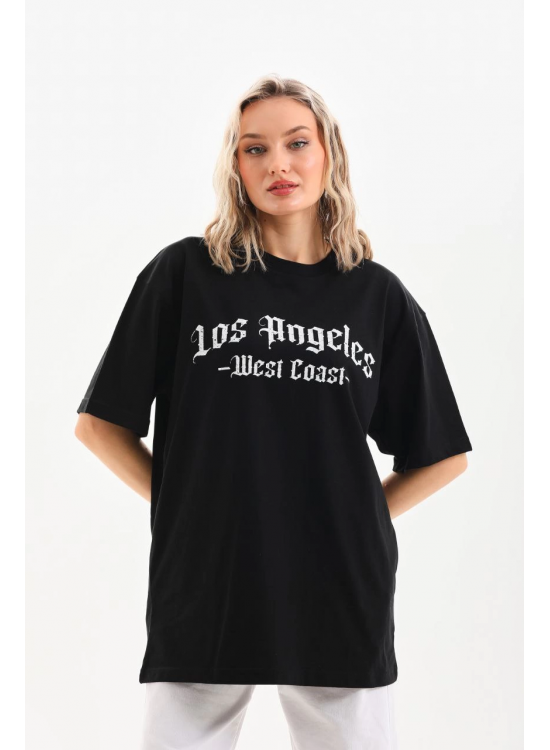 Kadın Baskılı Tişört Kısa Kol Bisiklet Yaka Oversize T-Shirt - Siyah Kadın Baskılı Tişört Kısa Kol Bisiklet Yaka Oversize T-Shirt - Siyah