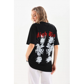 Kadın Kısa Kol Yazlık Tişört Bisiklet Yaka Baskılı Oversize T-Shirt - Siyah
