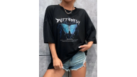 Kadın kelebek Baskılı Oversize kısa kol T-Shirt - Siyah Kadın kelebek Baskılı Oversize kısa kol T-Shirt - Siyah