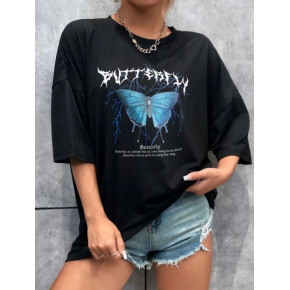 Kadın kelebek Baskılı Oversize kısa kol T-Shirt - Siyah