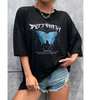 Kadın kelebek Baskılı Oversize kısa kol T-Shirt - Siyah