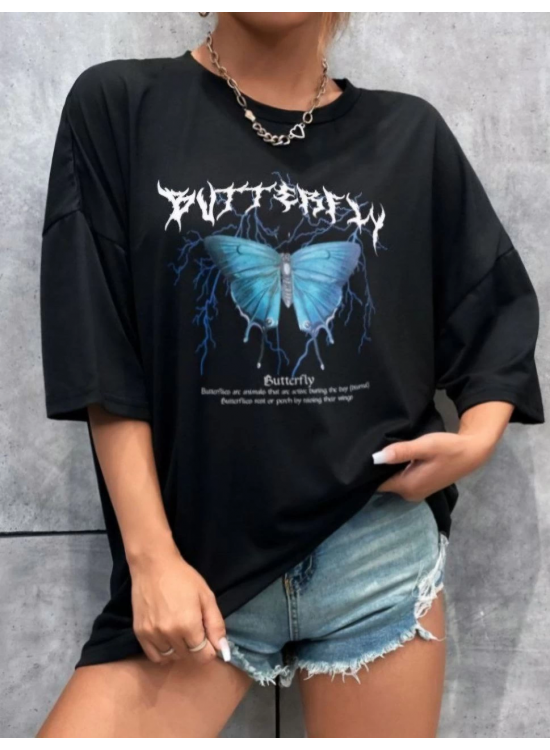 Kadın kelebek Baskılı Oversize kısa kol T-Shirt - Siyah Kadın kelebek Baskılı Oversize kısa kol T-Shirt - Siyah