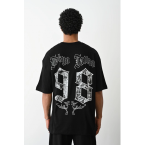 Erkek Kısa Kol Yazlık Tişört Bisiklet Yaka Baskılı Oversize T-Shirt - Siyah