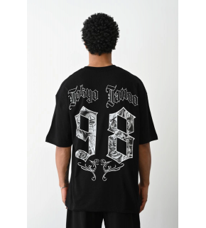 Erkek Kısa Kol Yazlık Tişört Bisiklet Yaka Baskılı Oversize T-Shirt - Siyah