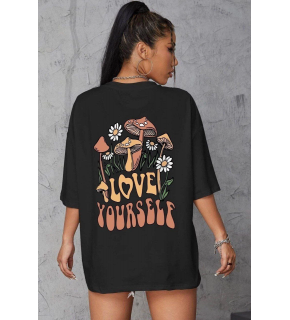 Kadın Baskılı Oversize kısa kol T-Shirt - Siyah