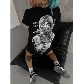 Kadın Kısa Kol Tişört Bisiklet Yaka Filistin Poşülü Baskılı T-Shirt - Siyah