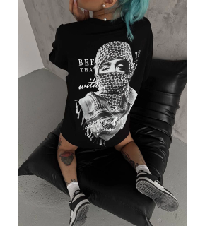 Kadın Kısa Kol Tişört Bisiklet Yaka Filistin Poşülü Baskılı T-Shirt - Siyah