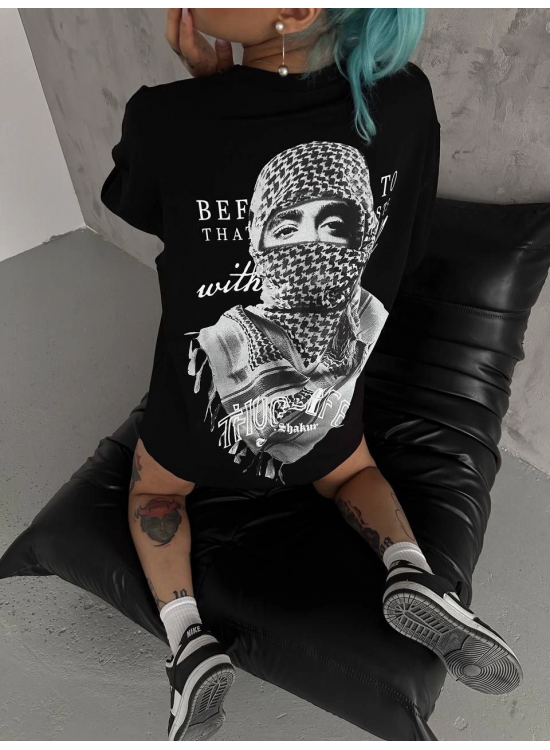 Kadın Kısa Kol Tişört Bisiklet Yaka Filistin Poşülü Baskılı T-Shirt - Siyah Kadın Kısa Kol Tişört Bisiklet Yaka Filistin Poşülü Baskılı T-Shirt - Siyah