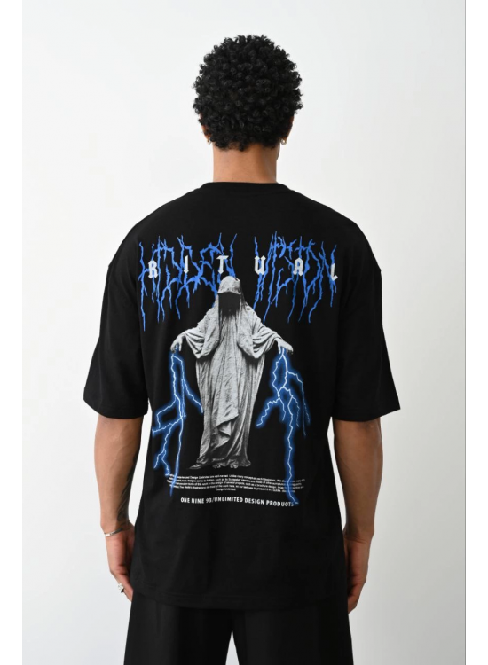 Erkek Baskılı Oversize  Kısa kol T-Shirt - Siyah