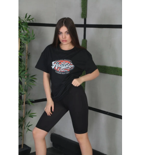 Kadın Kısa Kol Yazlık Tişört Bisiklet Yaka Baskılı Oversize T-Shirt - Siyah