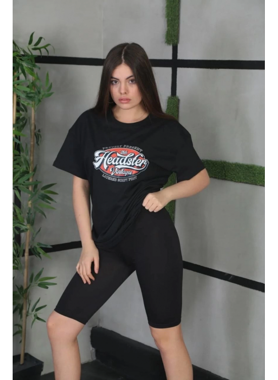 Kadın Kısa Kol Yazlık Tişört Bisiklet Yaka Baskılı Oversize T-Shirt - Siyah Kadın Kısa Kol Yazlık Tişört Bisiklet Yaka Baskılı Oversize T-Shirt - Siyah