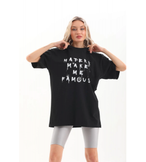 Kadın Kısa Kol Yazlık Tişört Bisiklet Yaka Baskılı Oversize T-Shirt - Siyah