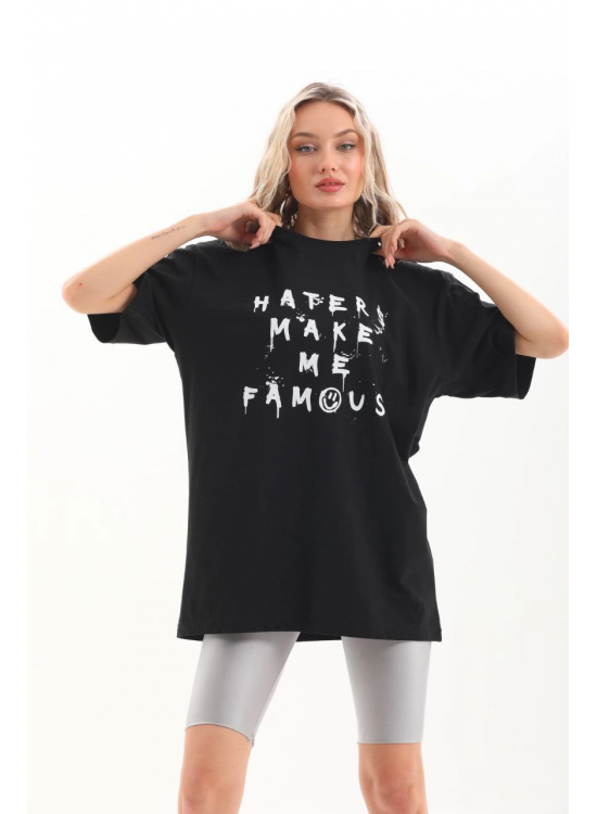 Kadın Kısa Kol Yazlık Tişört Bisiklet Yaka Baskılı Oversize T-Shirt - Siyah Kadın Kısa Kol Yazlık Tişört Bisiklet Yaka Baskılı Oversize T-Shirt - Siyah