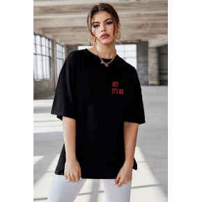 Kadın Baskılı T-Shirt Kısa Kol Bisiklet Yaka Oversize Rahat Kalıp Tişört - Siyah