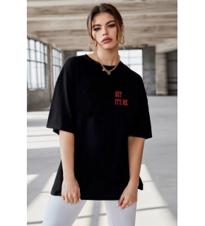 Kadın Baskılı T-Shirt Kısa Kol Bisiklet Yaka Oversize Rahat Kalıp Tişört - Siyah