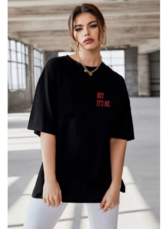 Kadın Baskılı T-Shirt Kısa Kol Bisiklet Yaka Oversize Rahat Kalıp Tişört - Siyah Kadın Baskılı T-Shirt Kısa Kol Bisiklet Yaka Oversize Rahat Kalıp Tişört - Siyah